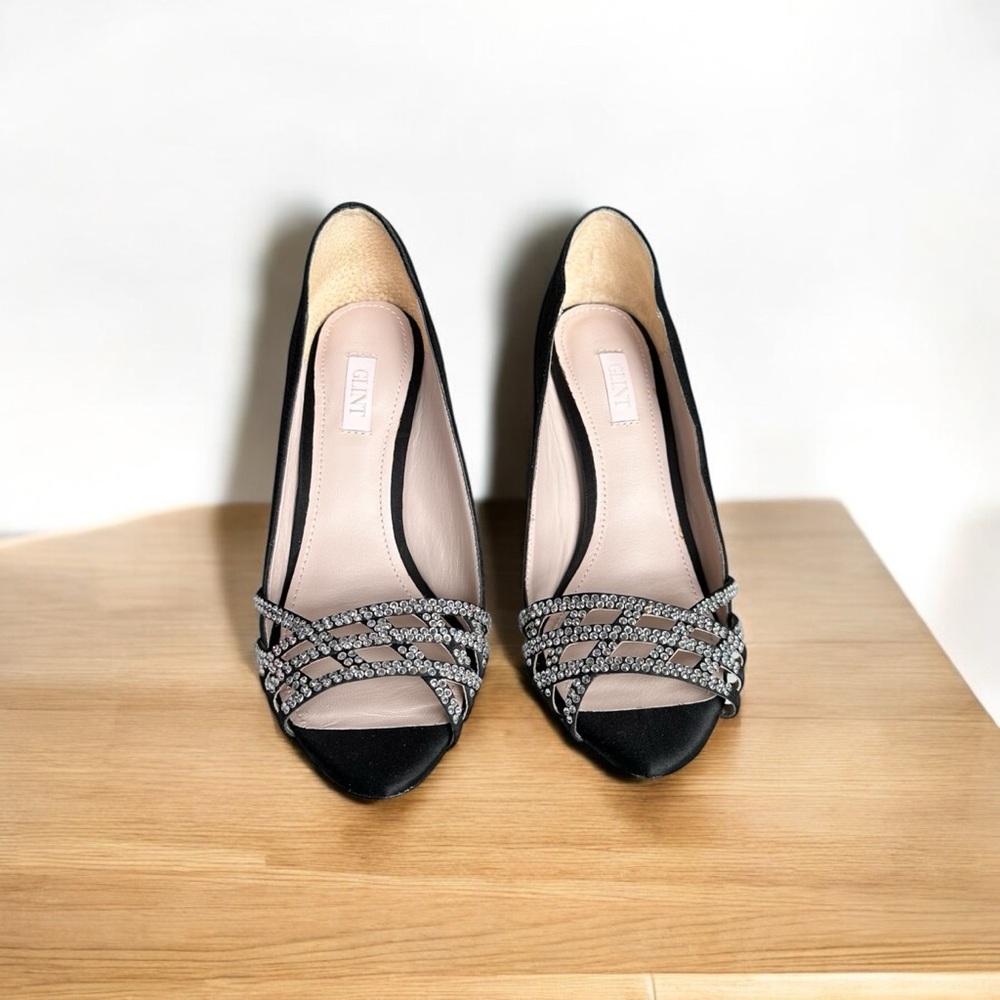 Rhinestone Black Satin Peep Toe Pumps size 7